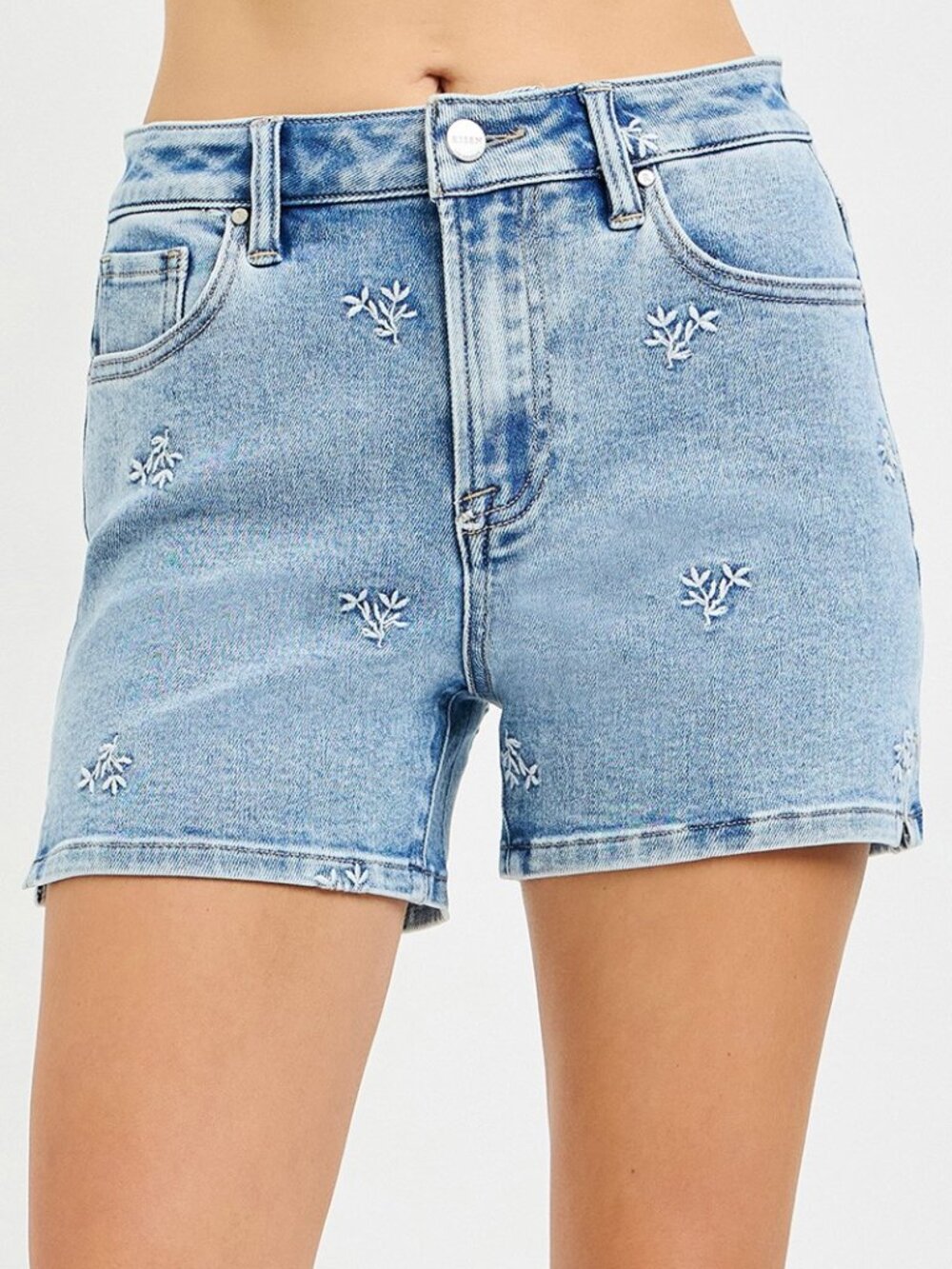 RISEN High Rise Denim Shorts with Embroidered Detail